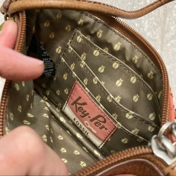 Fossil pink and brown quilted nylon leather combo key per wristlet bag